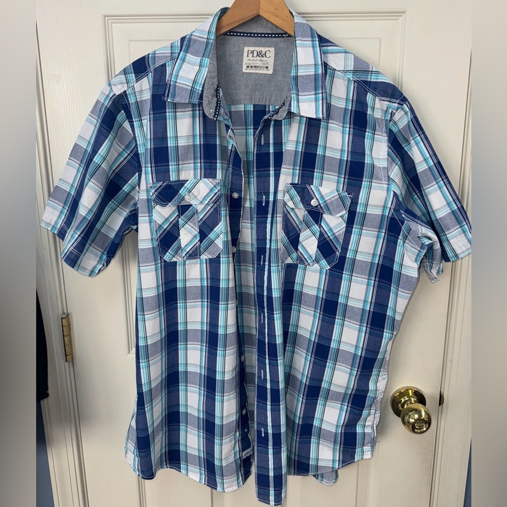 PD&C  authentic apparel men’s extra large XL 100% cotton plaid shirt Blue S/S
